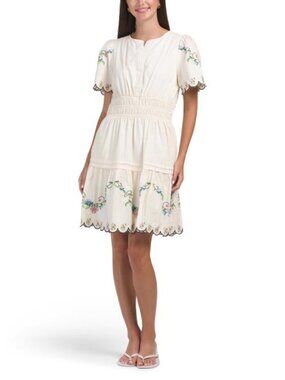 LEA Short Sleeve Needlepoint Embroidered Ruched Waist Mini Dress